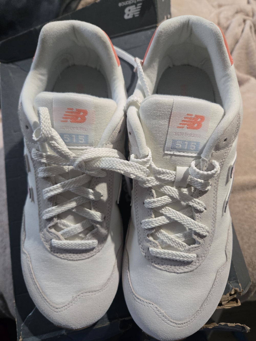 New Balance 515 White Sneakers with Coral Logo Accent - Picture 11 of 13
